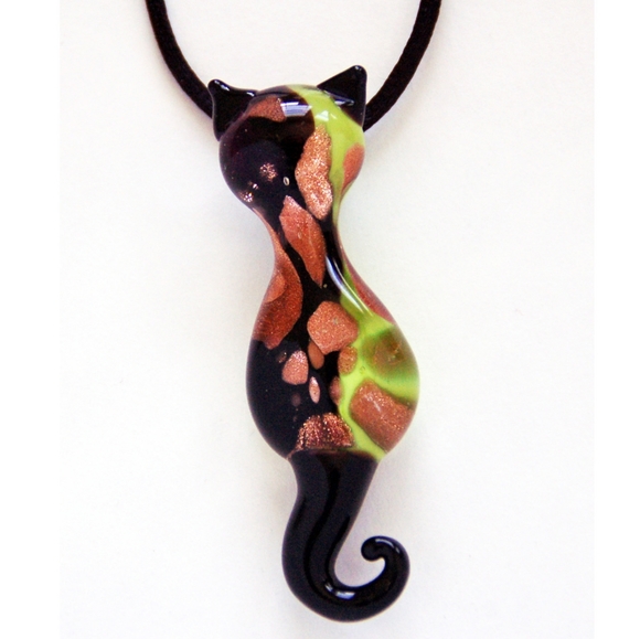 Murano Jewelry - Murano Glass Cat Pendant Green 24 K Gold Leaf